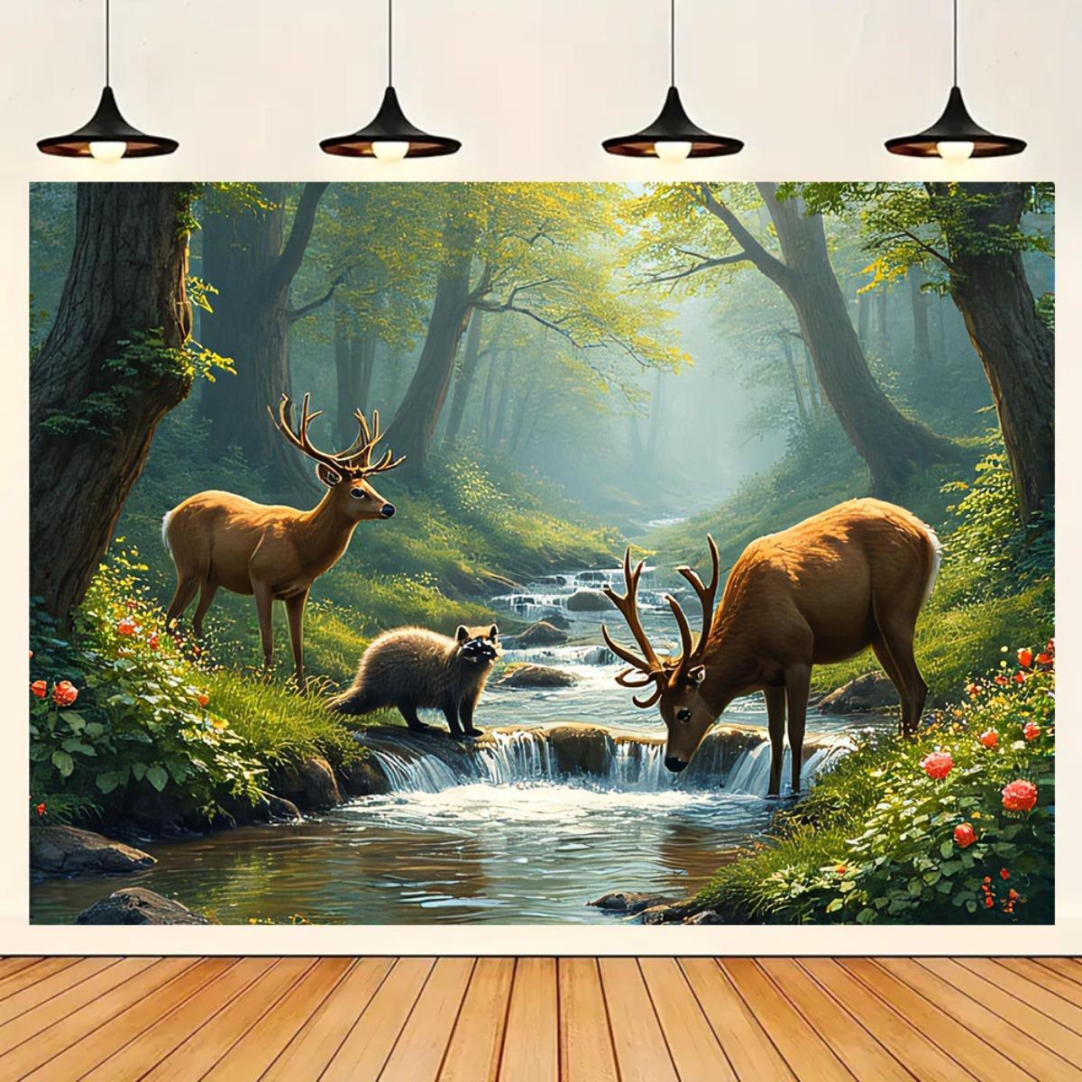 Deer Forest Stream Wall Mural  - огляд і ціна Interior Design With Wallpaper