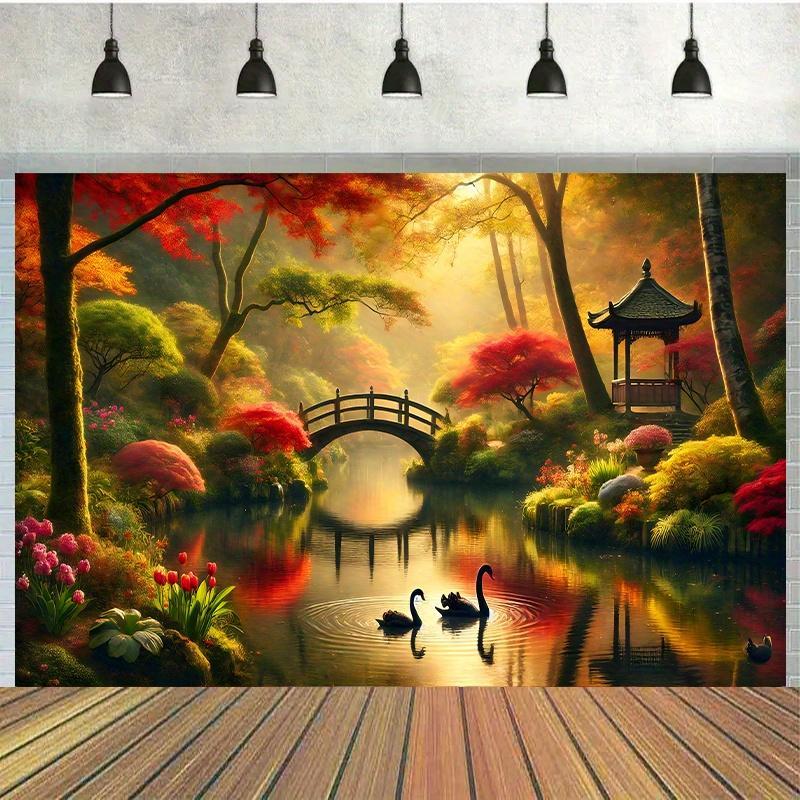 Autumn Garden Bridge Swans Wal - огляд і ціна Interior Design With Wallpaper