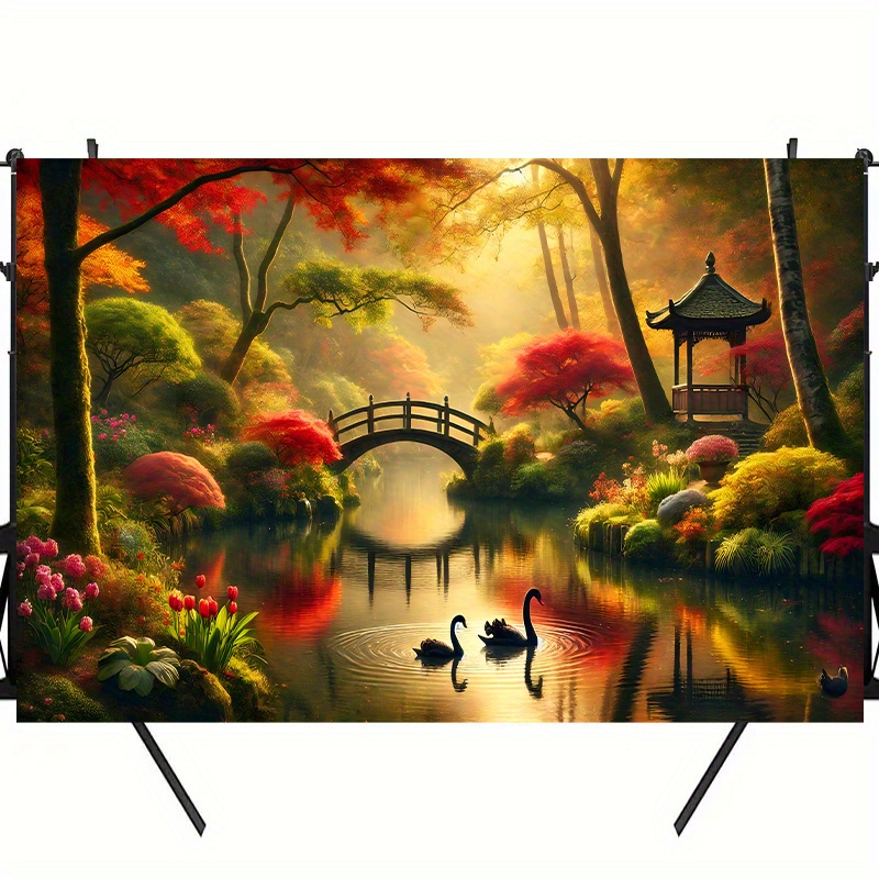 Autumn Garden Bridge Swans Wal - огляд і ціна Interior Design With Wallpaper
