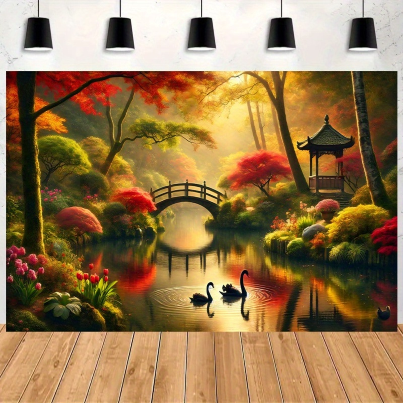 Autumn Garden Bridge Swans Wal - огляд і ціна Interior Design With Wallpaper